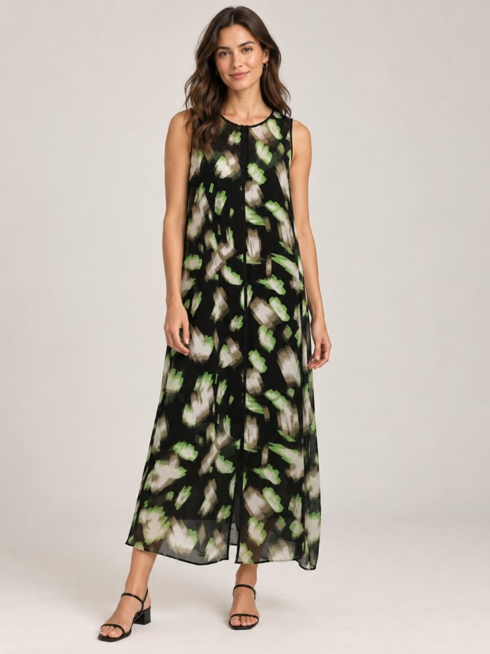 DKNY Size Large Black Green Abstract Sleeveless Sheer Overlay Midi Maxi Dress